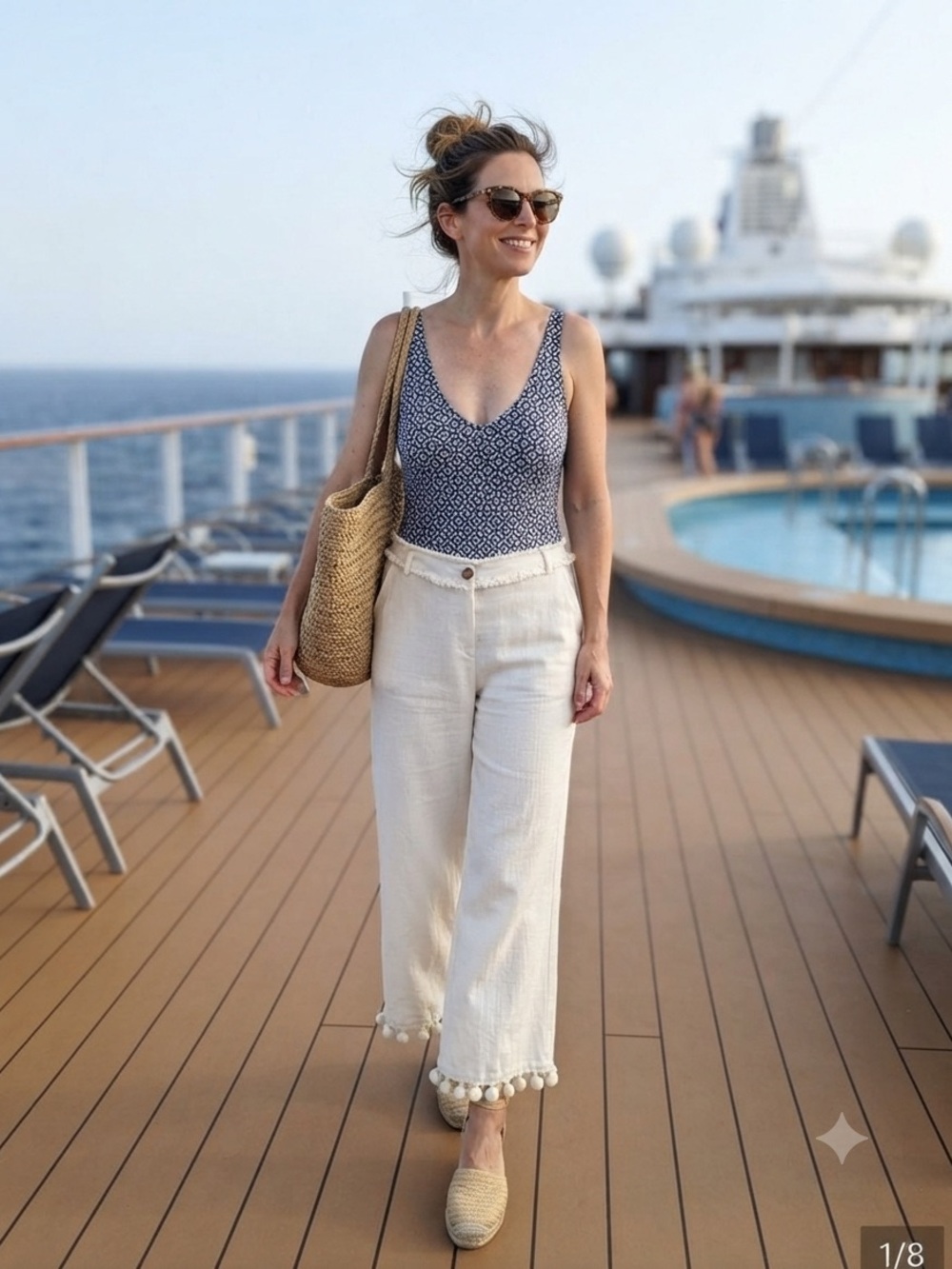 AQUA Cream Wide-Leg Linen Blend Pants with Fringe Pom Trim